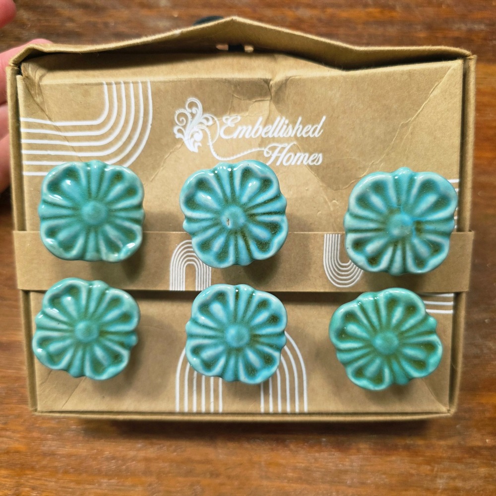 Embellished Homes Ceramic Flower Drawer Knobs Set of 6 Turquoise Teal Pulls New